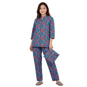 Ensemble de peignoir en coton indien floral pour femmes, imprimé numérique, boutonné, avec manches longues, longueur intégrale, pour vêtements de nuit d'été - Product Image 1