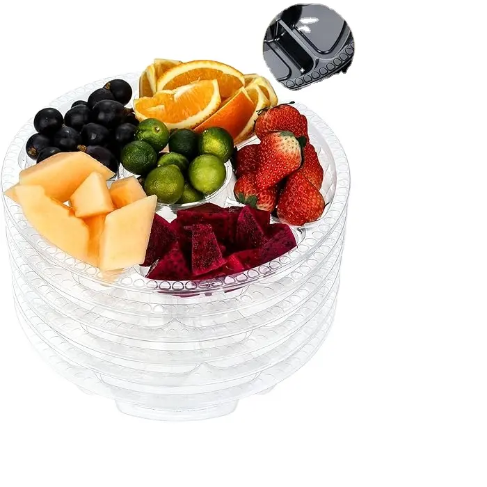 Round Plastic Veggie Tray With Lid Fruit Tray 6 Divided Compartment Container Food Serving Catering Trays For Veggie Fruit Snack