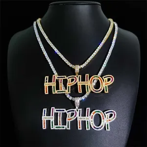 Hip Hop Mạ Vàng Ban Đầu Vòng Cổ Cho Phụ Nữ Cá Nhân Baguette Iced out CZ Kim Cương Tên Tấm Liên Kết Chuỗi Quà Tặng