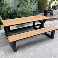 Ensemble de table de pique-nique extérieure moderne à pieds en X, plateau en bois massif, structure en acier galvanisé, mobilier de jardin, ensemble de salle à manger pour parc public