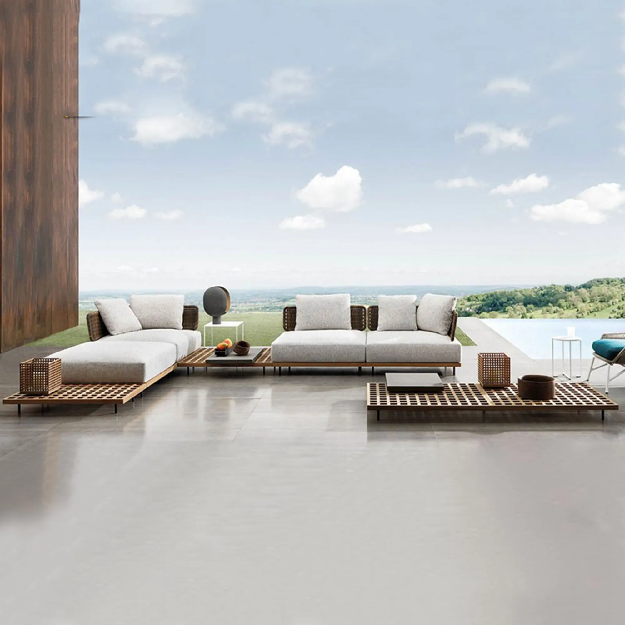 Indonesien Moderne Lounge Weide Terrassenmöbel Massivholz Rattan Outdoor Sofa-Set Hotels zeitgenössische Aluminium-Gartenset