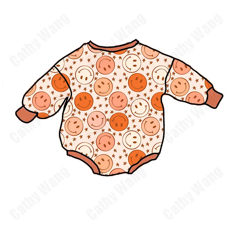 QL2022 Baju Monyet Desainer Bayi, Baju Monyet Sweater Leotard Lengan Panjang Motif Wajah Tersenyum Balita Onesie