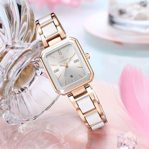 Montre carrée en alliage Cavendenson pour femme, verre or rose, bracelet blanc, date automatique, fermoir caché, légère, mode, quartz, 27 mm - Product Image 5