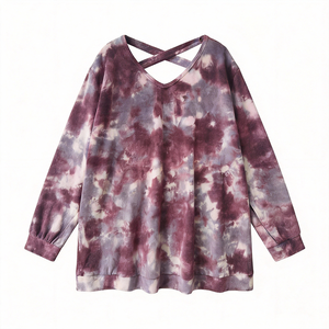 Camiseta <span class=keywords><strong>de</strong></span> Manga Larga con Estampado Tie Dye para Mujer, Certificada por GOTS y OEKO-TEX, Marca HuaYi |   Ropa <span class=keywords><strong>de</strong></span> Casa <span class=keywords><strong>de</strong></span> Algodón Suave con Cuello en V Cruzado - Product Image 2