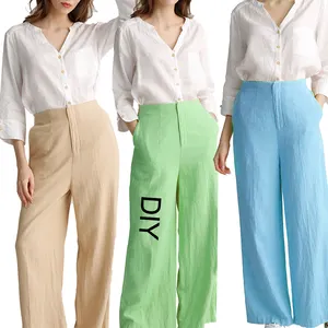 Pantalon large en lin biologique pour femmes, vente en gros, pas cher, grande taille