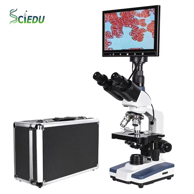 SCIEDU 9-inch LCD Professional Blood Cells Digital Microscope Compound Trinocular Biological Lab 5MP Electronic Microscopes