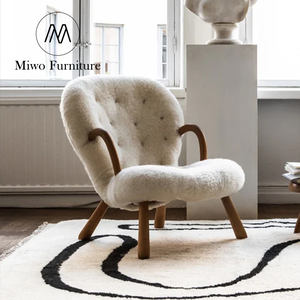 Sillón de diseño moderno, sillón de <span class=keywords><strong>almeja</strong></span> con marco de madera maciza de tela de lana larga blanca, sillón para sala de estar, muebles de interior reclinables - Product Image 2