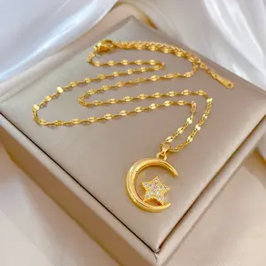 Wholesale Hot Sale Gold Plated Stainless Steel Inlaid Diamond Star Moon Pendant Necklace Jewelry For Women