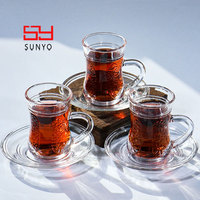 Taza de Café de Vidrio Transparente Estilo Turco SUNYO, Taza de Vidrio para Latte con Platillo, Resistente al Calor, Estilo Elegante, Venta al por Mayor