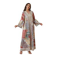 Robe longue vintage à imprimé floral en polyester respirant pour femme, col en V, manches longues, style ethnique ample, abaya pour tous les jours