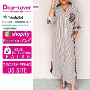 Dear-Lover Abito <span class=keywords><strong>Lungo</strong></span> da Donna all'Ingrosso, Camicia Maxi <span class=keywords><strong>Blu</strong></span> Cielo <span class=keywords><strong>con</strong></span> Righe e Inserti Leopardati a Contrasto, <span class=keywords><strong>con</strong></span> Spacchi - Product Image 1