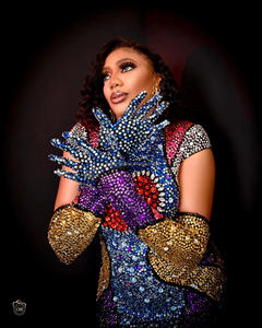 Robes de soirée pour femmes d'été en pierres précieuses colorées de luxe, mini-robe rouge en forme de cœur arc-en-ciel avec gants, costume de scène de danse de club de chanteuse - Product Image 5