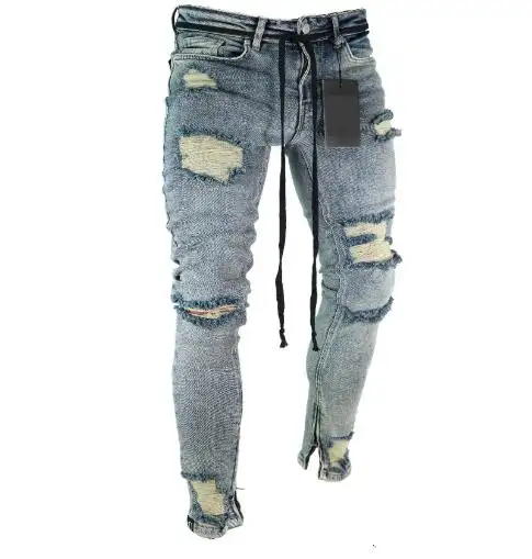Moda nuovi pantaloni a nove punte di grandi dimensioni ad alta elasticità fori rotti piedi a fascio jeans lavati larghi uomo