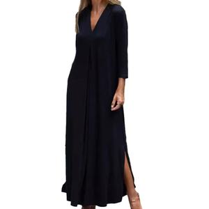 Vestido Largo de Punto con Cuello en V, Manga Tres Cuartos, Color Sólido, Casual, de Alta Calidad, Personalizado al por Mayor, OEM - Product Image 1