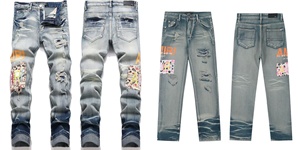 AM Foreign Trade Slim-fit Stretchy Spring Splicing Cotton Elastic Embroidery Collar <strong>Label</strong> Ripped Printed England Men's <strong>Jeans</strong> - Product Image 6
