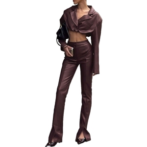 Autumn/Winter New Sexy Collared Crop Top With High-Waisted PU Leather <b>Trousers</b> Two-Piece Set for Women Fashion - Product Image 1