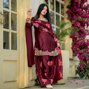 Ramdev Trading Women's Maroon Faux Georgette Salwar Kameez Pink Floral Embroidery <b>Ankle</b>-Length Modern Indian Pakistani Style - Product Image 1