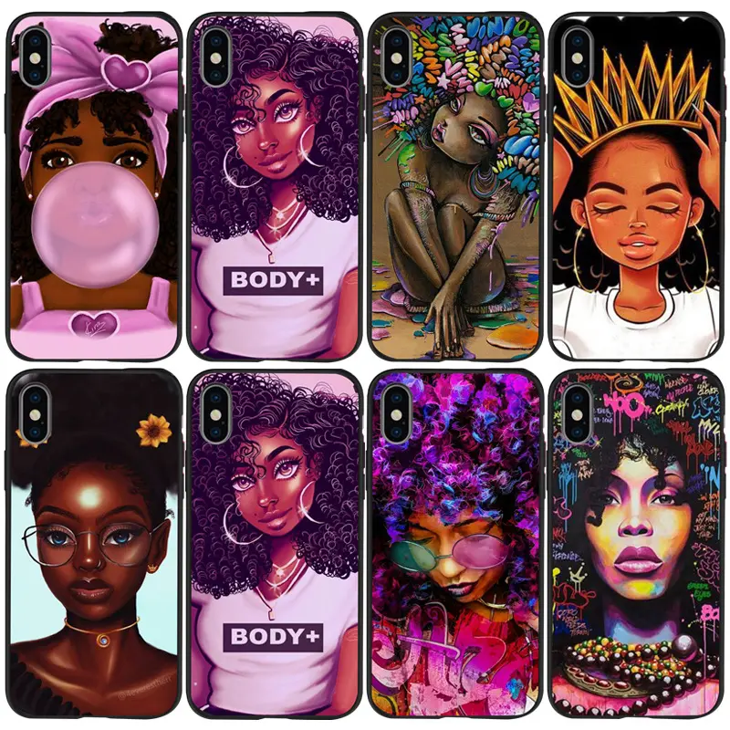 Hot Sale Case for Iphone African Girl Black Hair Colorful Watercolor Artistic Print Design Art Slim TPU Protection Cover