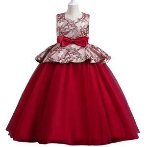 欧式花卉儿童婚纱红色时尚儿童派对穿女童连衣裙8年大蝴蝶结红色女童生日连衣裙