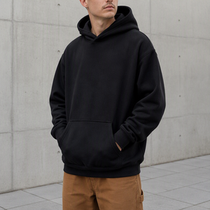Sweat à capuche oversize à épaules tombantes pour homme, en molleton bouclette uni, avec poche kangourou, style streetwear décontracté - Product Image 3