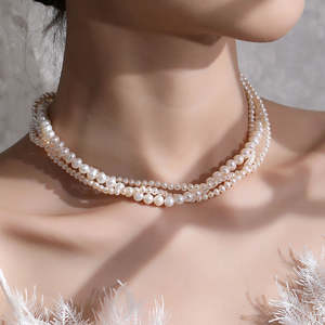 Collier chaîne en maille torsadée multicouche pour femme WENCHI, style vintage, avec perles d'eau douce naturelles, style français, 450g, fait main - Product Image 4