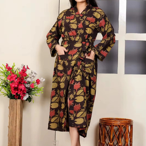 Bohemian Style Hand Block Printed Kantha <b>Kimono</b> Robe for Women Lightweight Cotton Fabric with <b>Belt</b> for Sleepwear and Loungewear - Product Image 1