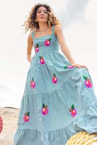 Loveda nuovo arrivo per le vacanze in spiaggia abito lungo senza schienale arricciato ricamo <span class=keywords><strong>coccinella</strong></span> spalline Maxi abito da <span class=keywords><strong>donna</strong></span> - Product Image 5