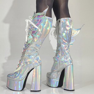 Big Size 47 Women's Silver Florescent Patent Knee High <b>Boots</b> Ladies High Chunky Heels Shoes Big Wings Long Booties - Product Image 4