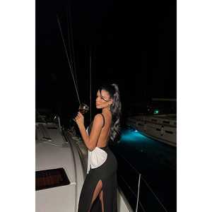 <b>Black</b> Floor-Length Evening Dress <b>Ribbon</b> Detail Simple Style Empire Waistline Straight Silhouette Polyester 3D XS XL for Prom - Product Image 4