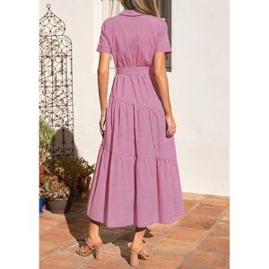 FOXA Women's Summer Maxi Button Up Shirt Dress Short Sleeve Striped A Line Flowy Elegant Spring Casual Dress - Product Image 5
