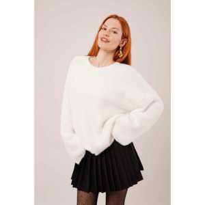 Pull blanc moelleux à coupe ample pour femme, tricot décontracté anti-boulochage à manches longues - Product Image 6