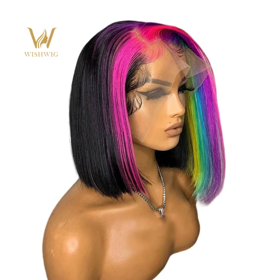 Peluca de cabello humano brasileño liso con encaje frontal para mujeres negras, pelo corto con corte Bob, color arcoíris, envío directo, venta al por mayor