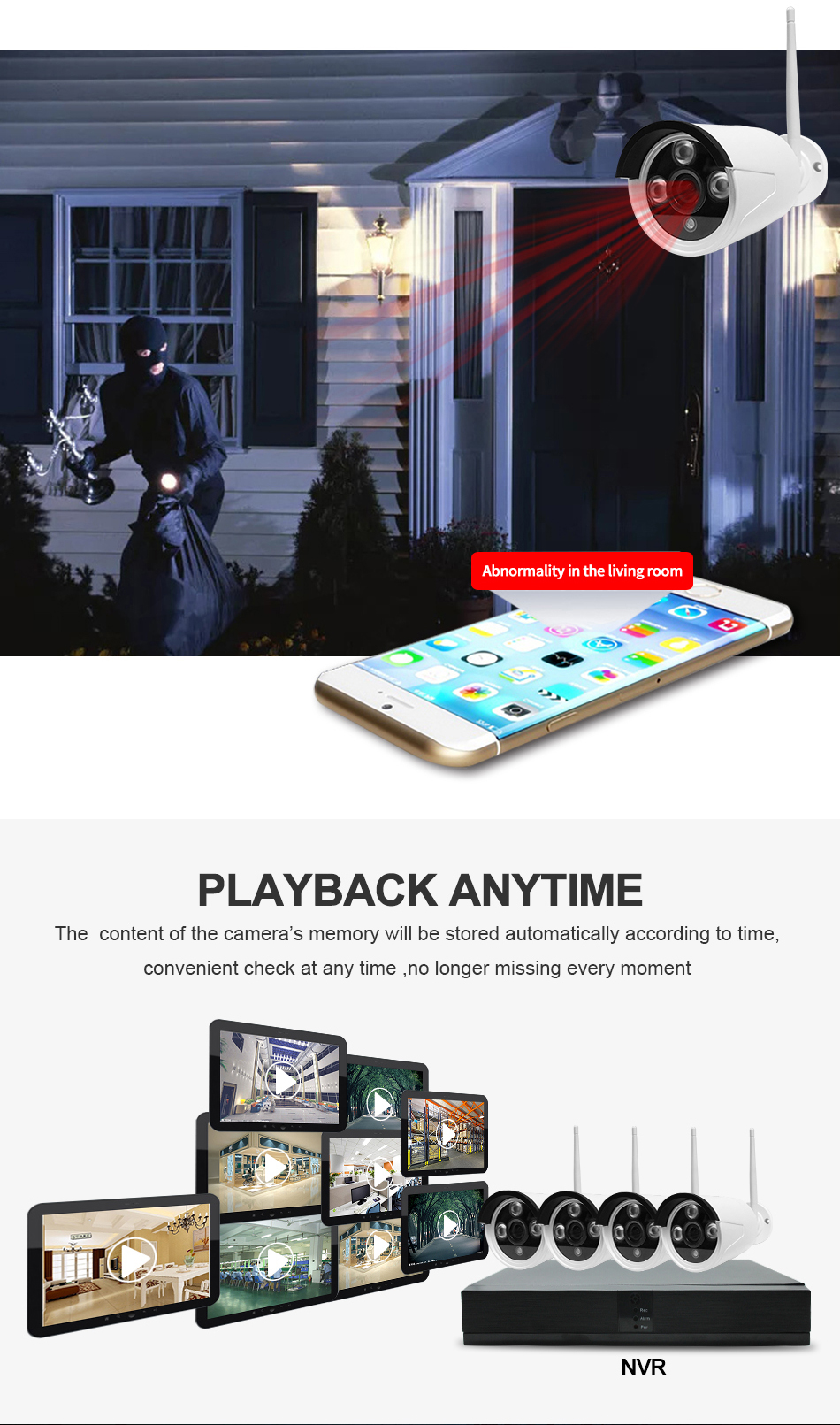 MOTION DETECTION & EMAIL ALERT Recognizes if there is an object moving and push it to your mobile phoneor computer for more security.