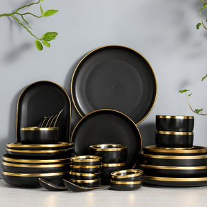 Juego de Vajilla de Cerámica Azul Marino Oscuro Retro con Borde Dorado, Vajilla de Porcelana con Borde Dorado, Platos y Tazones - Product Image 5