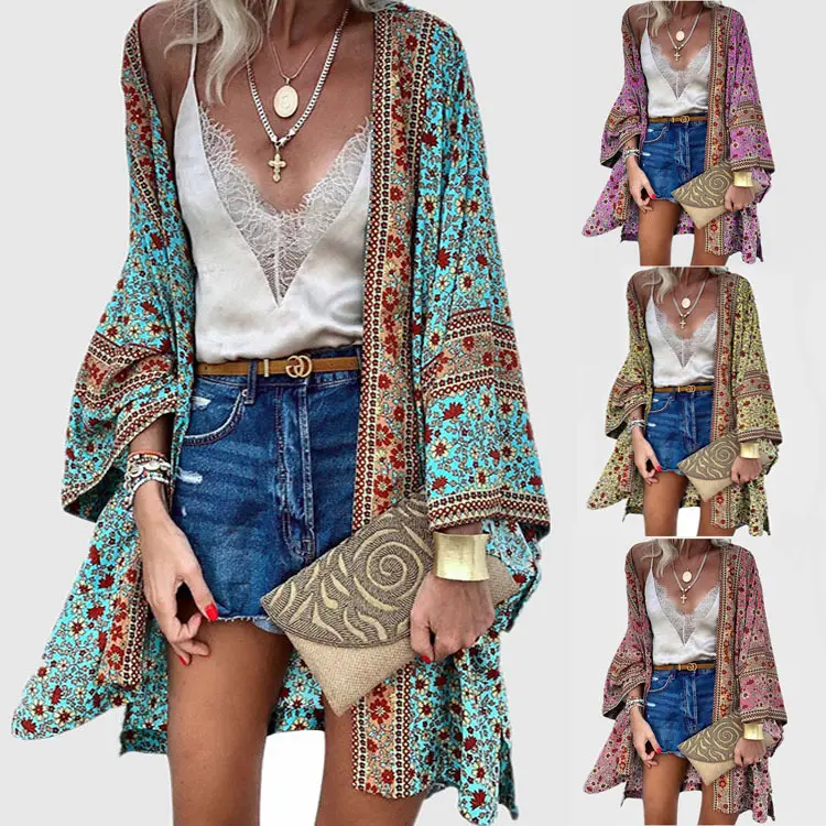Kimono Casual Loose Beach Tops Vintage Long Sleeve Blusas Cardigan Open Front Bohemian Floral Blouse