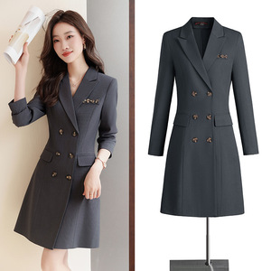 Apricot Suit Dress Women Natural Waist Notched Neck Pleated Anti-Wrinkle Career Daily Wear - Product Image 4