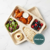 Plateau repas en bagasse biodégradable sans PFAS, assiette alimentaire en canne à sucre compartimentée, vaisselle de traiteur conforme à la réglementation européenne