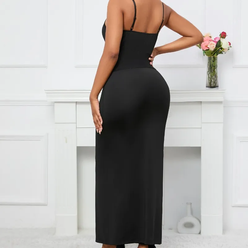 Black Sleeveless Rivet Sashes Split Sexy Strap Lady Club Dress