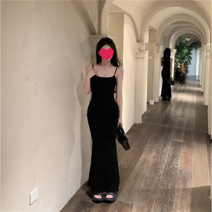 Spaghetti Strap Dress Women Summer Sexy Mid Length Tight Fitting Figure Hugging Fishtail Skirt Solid Color Bodycon Evening Dress - Product Image 3