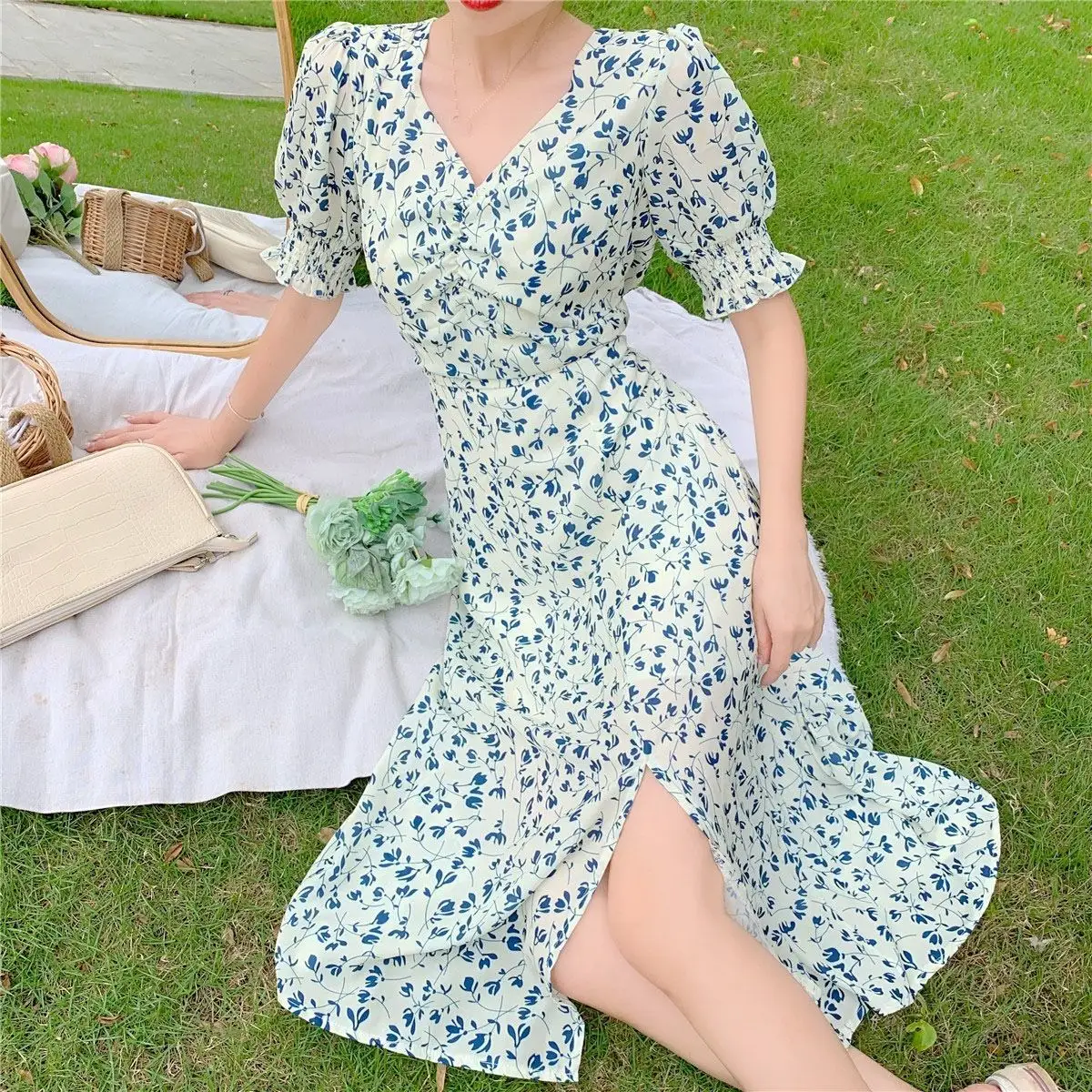 Floral dress summer2022New short waist slimming French retro Super fairy adult lady like woman long skirt