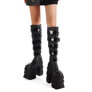 Women Super Thick <b>Platform</b> Knee High <b>Boots</b> Extreme High Chunky Heels Metal Rivets Shoes Belt Buckles Punk Long Booties - Product Image 2