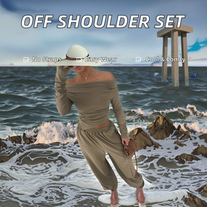 Ensemble haut court et pantalon uni à épaules dénudées pour femmes, t-shirt à manches longues sexy, pantalon, deux pièces décontractées, respirant pour l'automne - Product Image 2