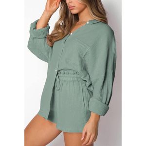 Conjunto de dos piezas para mujer, conjunto corto de verano, transpirable, de manga larga, ropa de dormir tejida. - Product Image 5
