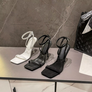Summer New Square Head - Word Belt Sandals High Heels Women With Black Suede Open Toe Match - Product Image 1