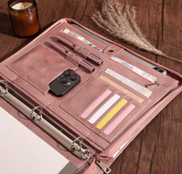 Porte-documents en cuir pour femme avec poche pour documents, classeur à 3 anneaux, fermeture éclair, personnalisable