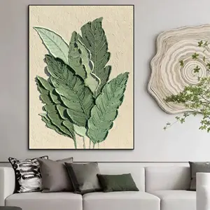 100% Handmade Green Plantain Leaf Oil Painting On Canvas For Living Room Decor Modern Abstract Leaf Wall Painting