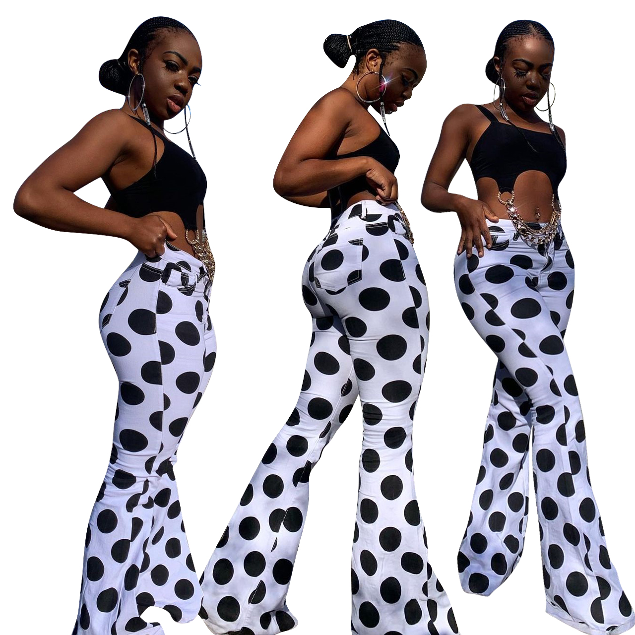 Yoyolemon 2021 fall ladies flared pants polka dot pants print mid waist white flared pants with side pocket