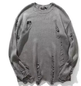 Solid color Hole Pullover Sweater O Neck cool Sweater Loose hip-hop knit wear