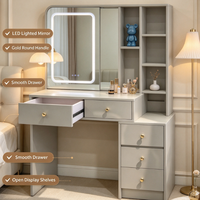 Coiffeuse multifonctionnelle gris clair avec miroir LED, étagères ouvertes et 5 tiroirs grande capacité pour chambre à coucher