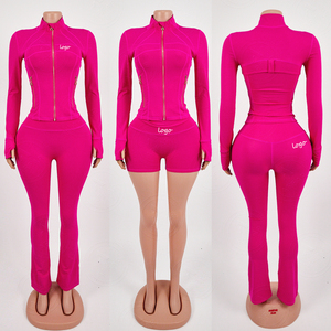 Abbigliamento Yoga Personalizzato per Ragazze Alte, Set da Allenamento Fitness Due Pezzi, Giacca con Cerniera Dorata e <span class=keywords><strong>Leggings</strong></span> Aderenti a Zampa - Product Image 3